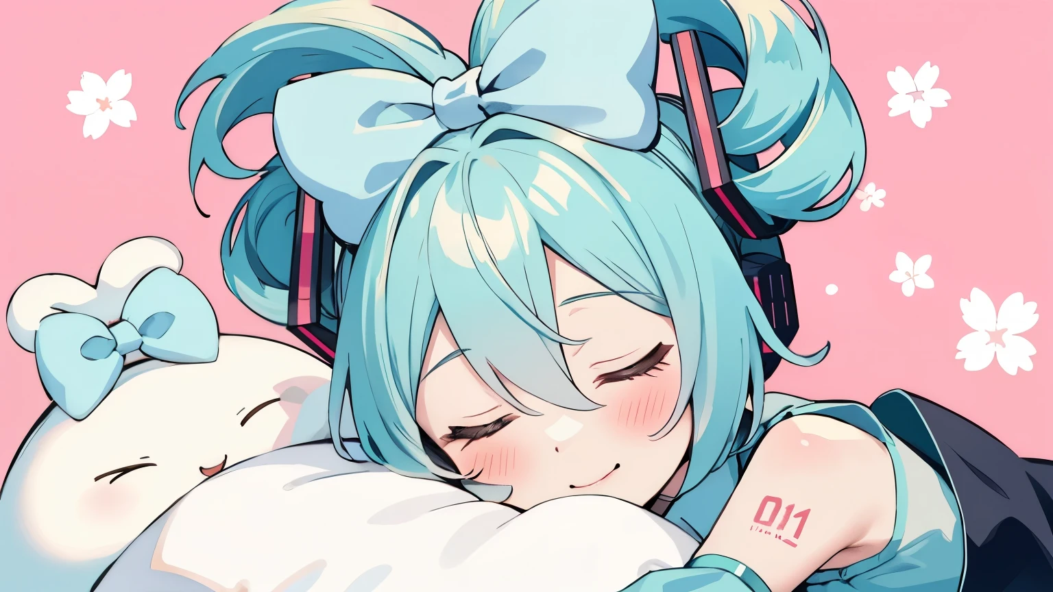 Cinnamiku, short hair,Sleeping beside me, smile, blush, Pause, whole body, Floral Background