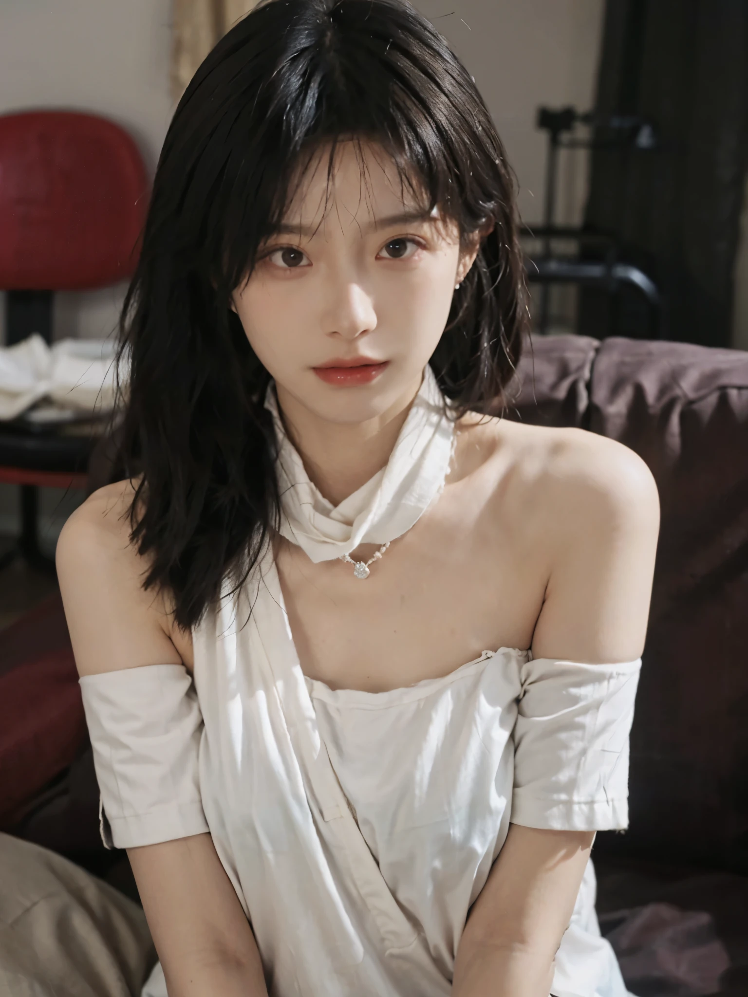 Film Portrait Photography, 1 girl, Bare shoulders,lipstick,(flat chest:1.4), Shoulder-Length Wavy Hair, Wear a necklace,scarf,earrings,Short sleeve,serene, calm, (Realistic and detailed eyes, Natural skin texture, Realistic facial details), Soft dramatic lighting, Depth of Field, Bokeh, Large Breasts,Areola,,cleveage,Vivid details, Detailed and detailed, Surrealism, 35 mm film, hazy, ,