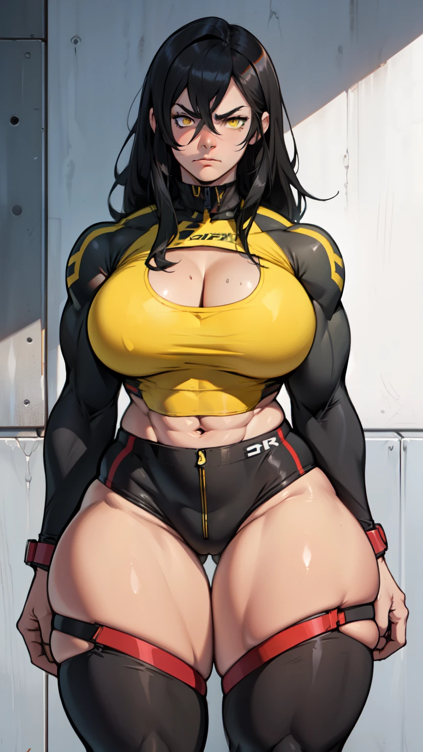 ((((muscular girl large breasts huge thighs)))) pale skin black hair yellow eyes skintight sad frown