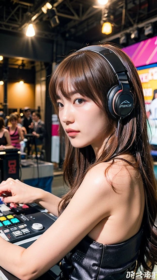 Japanese beautiful girl、15-year-old junior high school student、DJ Girl DJ Controller com Neon, Super bright music light. There is a TV screen behind her, (highest quality)), ((Very detailed)), ((masterpiece)), photograph,(DJ and headphones and microphone:1.4),(Completely naked、Full nudity、Very beautiful breasts、Beautiful cherry-colored areola、Erect nipples、Small butt、Shaved)、 Vibrant performances (Music Festival:1.2) and (Lively crowd:1.1) and (Colorful stage lighting:1.1).