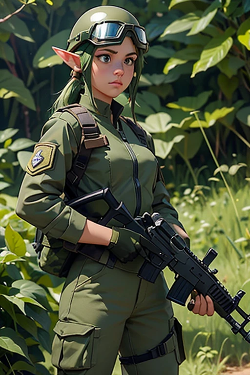 1female elf ,elfa militar,vestimenta militar,green camouflage uniform and wearing a helmet with goggles,holding firearm in your hands, parecendo estar pronta para o combate. The image depicts a military female elf, com um semblante determinado, positioned close to some type of military equipment.
