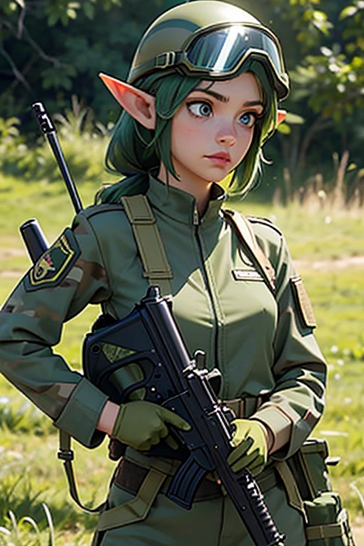 1female elf ,elfa militar,vestimenta militar,green camouflage uniform and wearing a helmet with goggles,holding firearm in your hands, parecendo estar pronta para o combate. The image depicts a military female elf, com um semblante determinado, positioned close to some type of military equipment.
