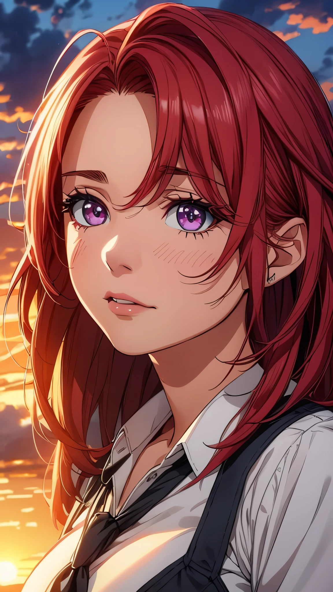 1girl, red hair, purple eyes, large breasts, short hair, ahoge, shirt, cow girl, CG unity,illustration,detail of face and eyes,flowing hair,strong and determined expression,beautiful sunset backdrop,best quality,ultra-detailed,realistic:1.37,vivid colors,dramatic lighting