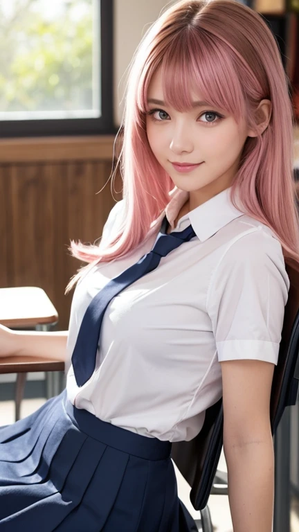 (Pink Hair :1.3),(Photorealistic:1.4, 8k), highest quality, masterpiece, Ultra-high resolution, Perfect dynamic composition, (Cinematic lens effects), (Beautiful Face), (Brown Hair:1.3, bangs, Long Hair), Highly detailed skin and facial textures:1.3, Sunburned skin:1.0, Perfect balance, Mid-chest, Shining Legs, Limb details,  Cute and sexy 18 year old school girl, (Totally captivates you:0.9), (school uniform:1.3, White shirt, Blue tie, Check skirt),  (Gal Makeup, eyeliner, Lip gloss, Beautiful erotic eyes:0.85), Sexy Face:0.8, (Beautiful Eyes, Thick lips, A taste of beautiful eroticism:0.85), (Too cute beauty:0.9), (classroom, mechanical, Chair, Large windows), (Looking at the camera), (Extreme close up:1.3), smile