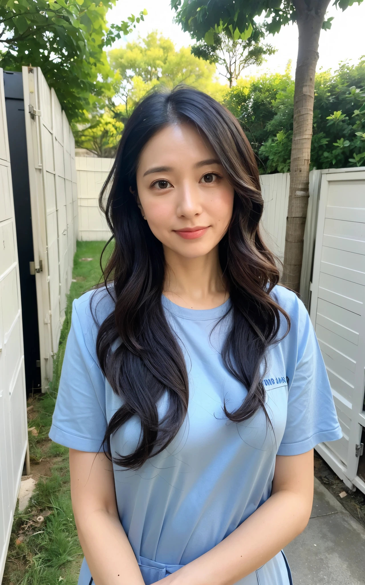 ((Best Quality, 8k, Masterpiece: 1.3)), Photorealistic, Sharp Focus, High Quality, High Definition, Portrait, Solo, Japan, Middle Aged Woman, Beauty, 43 years old, Plump, Wavy Hair, receptionist uniform, Wrinkles at the corners of the eyes:0.5, Narrow backyard, Lots of boxes, Lots of files, Dark background