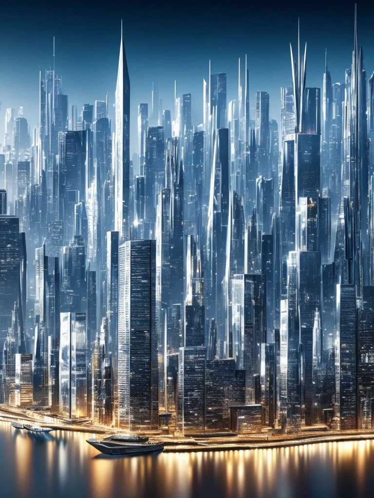 a futuristic city with a diamond crystal effect, metallic and silver elements, a simple black background with metallic silver reflections, 8k resolution, wallpaper quality, extremely detailed CG unit, masterpiece, high resolution, top-quality real texture skin, hyper realistic, dynamic ultrarealistic angle, TruckersRule style