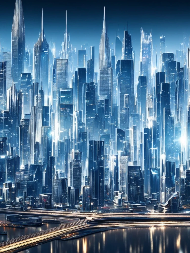 a futuristic city with a diamond crystal effect, metallic and silver elements, a simple black background with metallic silver reflections, 8k resolution, wallpaper quality, extremely detailed CG unit, masterpiece, high resolution, top-quality real texture skin, hyper realistic, dynamic ultrarealistic angle, TruckersRule style