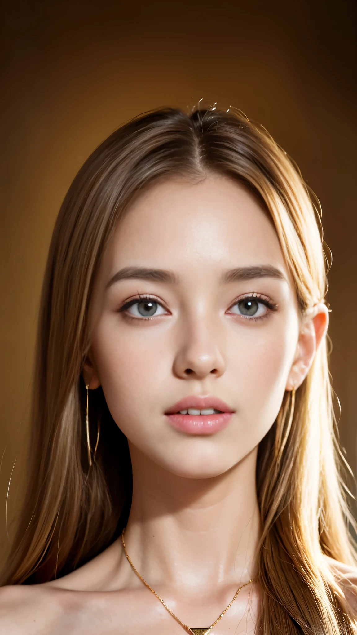 A face photograph of a beautiful (()) an American woman, centered photo, award-winning photo, best quality, portrait by Annie Leibovitz, Canon 5D Mark II, film, professional photography, (rich colors: 1.1), hyper realistic, realistic texture, (natural lighting: 1.1), (Canon EF 85mm f/1.4L IS USM), makeup face, very long hair, light brown hair mixed with blonde, slightly wavy hair, voluminous hair, large and bright blue eyes, rounded eyes, Western woman, thick lips, very tanned skin, shy smile, extremely beautiful, long eyelashes, extremely detailed eyes and face, delicate and plump nose, realistic pupils, light freckles on the face, gold earrings, hair parted sideways, arched eyebrow, black mascara in the eyes, gold cord with star pendant, (increase the quality of cinematic lighting: 0.9), (Increase the beauty of the skin texture:1.1), smooth white background wall, sharp focus, cinematic lighting