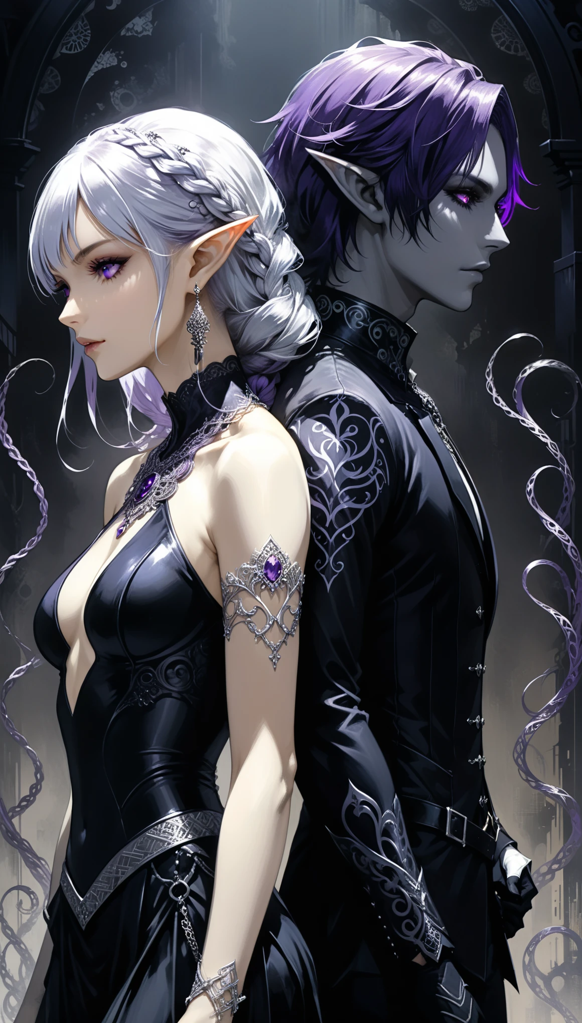 (in style of Ashley Wood:1.3),(in style of Takeshi Obata:0.9),in style of Jeffrey Catherine Jones,
(masterpiece, best quality, official art, beauty, Gothic, Tokyo Ghoul style:1.2),Very detailed,fractal art,Gorgeous,Zentangle,(Back-to-back),yinji,purple hair,purple eyes,long hair,white hair,double braids,gradient purple hair,(1boy and 1girl:1.4),height_difference,(1 dark elf boy,1 white elf girl:2.1),(poseing:1.4),darkred,detail eyes,skins with a real texture,(dynamic action:1.5),gorgeous costumes,(hypermaximalist, elegant, ornate, hyper realistic, super detailed:1.1)