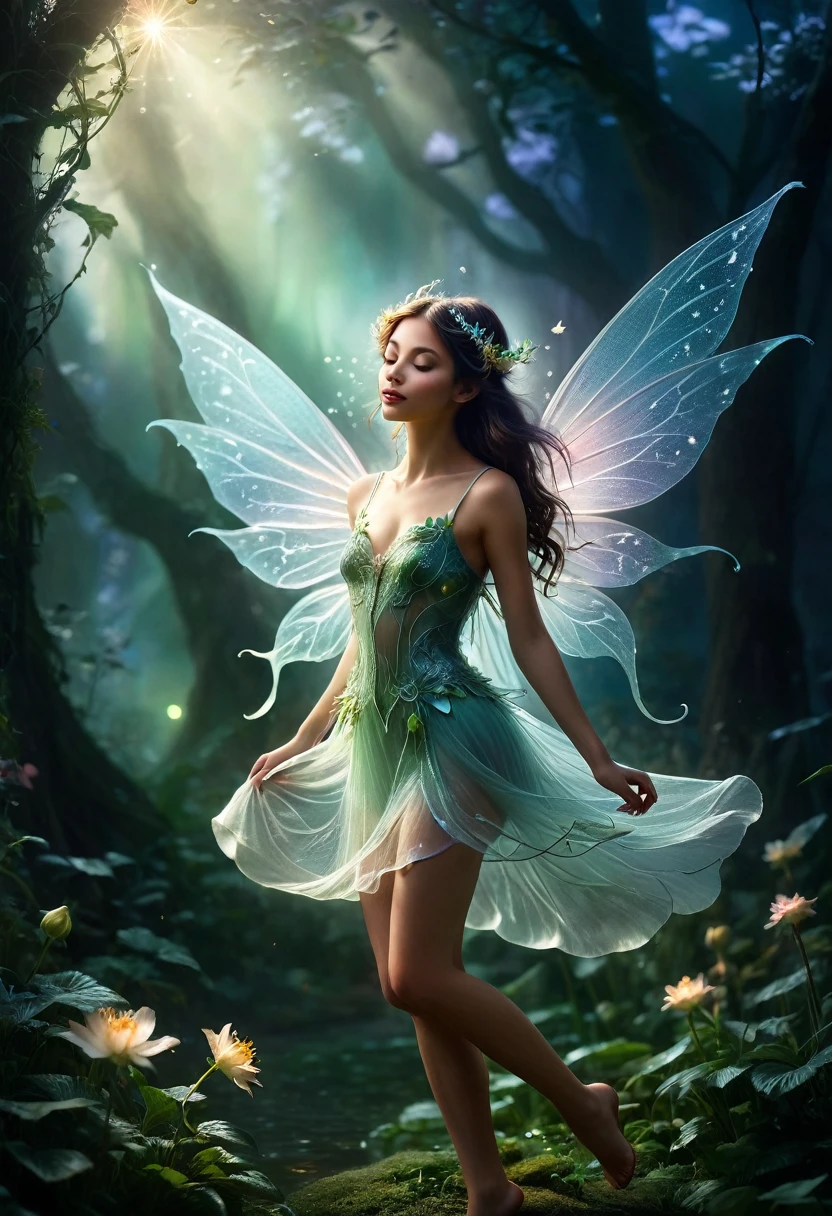 Create a highly detailed and ethereal image featuring a delicate fairy with intricate, translucent wings gracefully hovering over a large, beautifully detailed flower. The fairy should be enveloped in soft, swirling, luminescent mist, with the scene illuminated by a soft, mystical light. The flower should have intricate petals with fine veins, glowing slightly in the same ethereal light. The background should be dark to enhance the glowing effect of the mist and the fairy, creating a magical and otherworldly atmosphere. Ensure the style is intricate and highly detailed, focusing on the delicate and magical nature of the scene