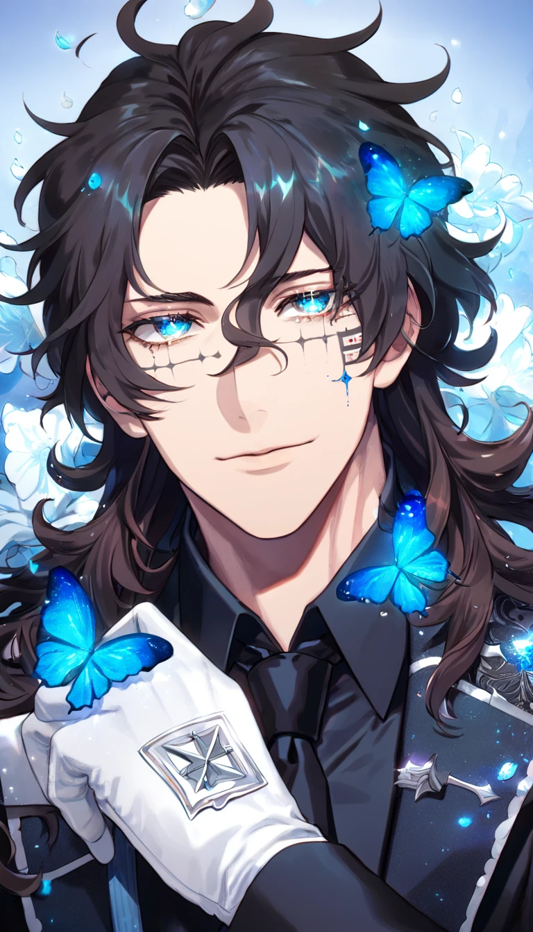 Ultra detailed, Highres, absurdres, HDR, Tyki Mikk, wavy dark hair, without bangs, expressive golden eyes, black clothes, black shirt, mole under his left eye, D.Gray-Man, black necktie, blue flowers, petals, handsome, sexy man, solo, very detailed eyes and face, glittering small blue butterflies, master piece, glittering, fantasy, cross, blue background, blue flames, black pants, white gloves,