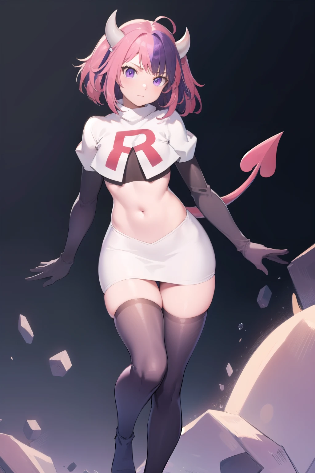 ironmouse, ironmouse, ahoge, medium hair, multicolored hair, pink hair, (purple eyes:1.1), purple hair, sidelocks, streaked hair, swept bangs, two side up, two-tone hair, hair ornament, heart, heart ahoge, heart hair ornament,
BREAK team rocket,team rocket uniform,white skirt,red letter R,crop top,black thigh-highs,black elbow gloves, demon girl, demon horns, demon tail, horns, tail,
BREAK looking at viewer,
BREAK (masterpiece:1.2), best quality, high resolution, unity 8k wallpaper, (illustration:0.8), (beautiful detailed eyes:1.6), extremely detailed face, perfect lighting, extremely detailed CG, (perfect hands, perfect anatomy),