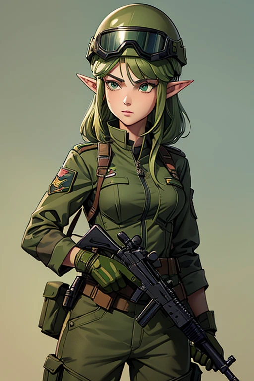1female elf ,elfa militar,vestimenta militar,green camouflage uniform and wearing a helmet with goggles,holding firearm in your hands, parecendo estar pronta para o combate. The image depicts a military female elf, com um semblante determinado, positioned close to some type of military equipment.