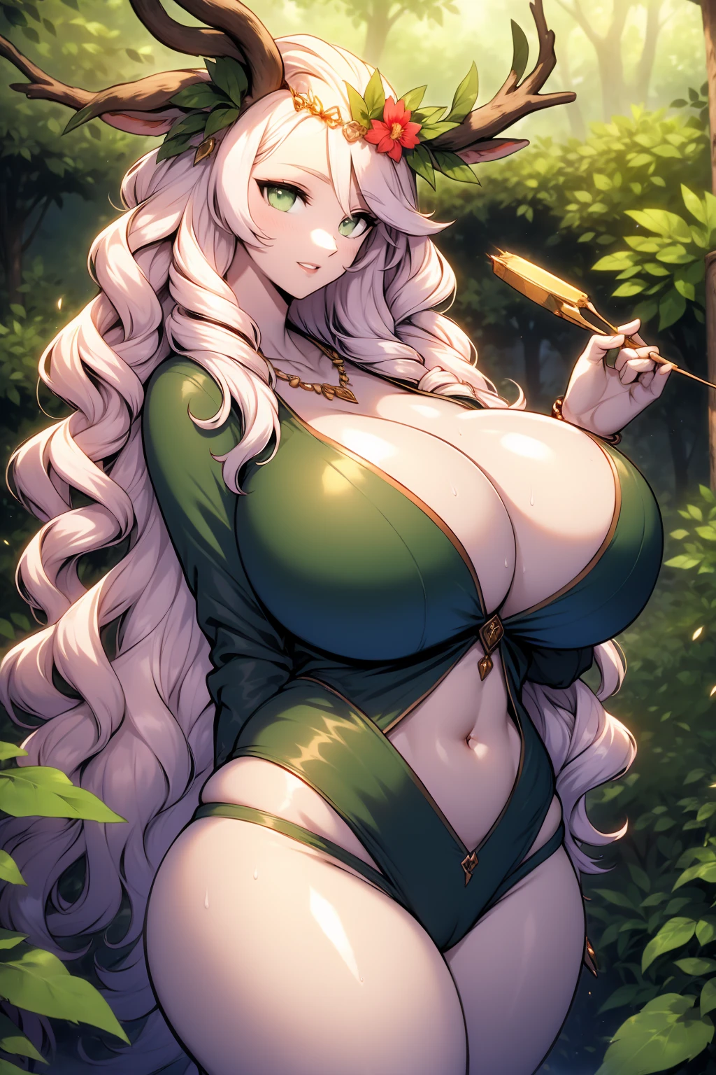 furry, deer girl, [body fur], (deer antlers), (deer spots), (1girl, solo),milfication, milf, 40 year old woman, make up, smiling , parted lips, highly-detailed, gorgeous perfect face, (enormous huge breasts), cleavage, sagging breasts, (skindentation), (((huge thighs))), huge ass, wide hips, average waist, (chubby), tall, [Luscious red lips], (Voluminous blonde hair), very long hair, (drill hair), drill sidelocks, hair flower, green eyes, slingshot swimsuit, navel, floral necklace, flower tiara, bracelets, sweating, sexy, blushing, Voluptuous, Curvy, head tilt, outdoors, magical forest, trees, bushes, flowers, ((hand in own hair)), furrys,mature female, realistic lighting