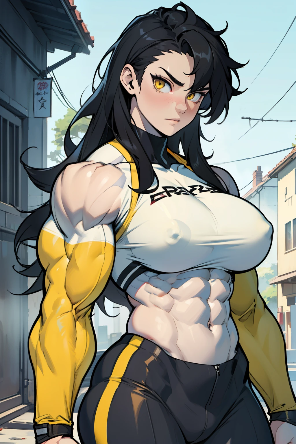 (((((muscular 1 girl))))), huge breasts, toned body, black hair, pale skin, yellow eyes, very long hair, skintight