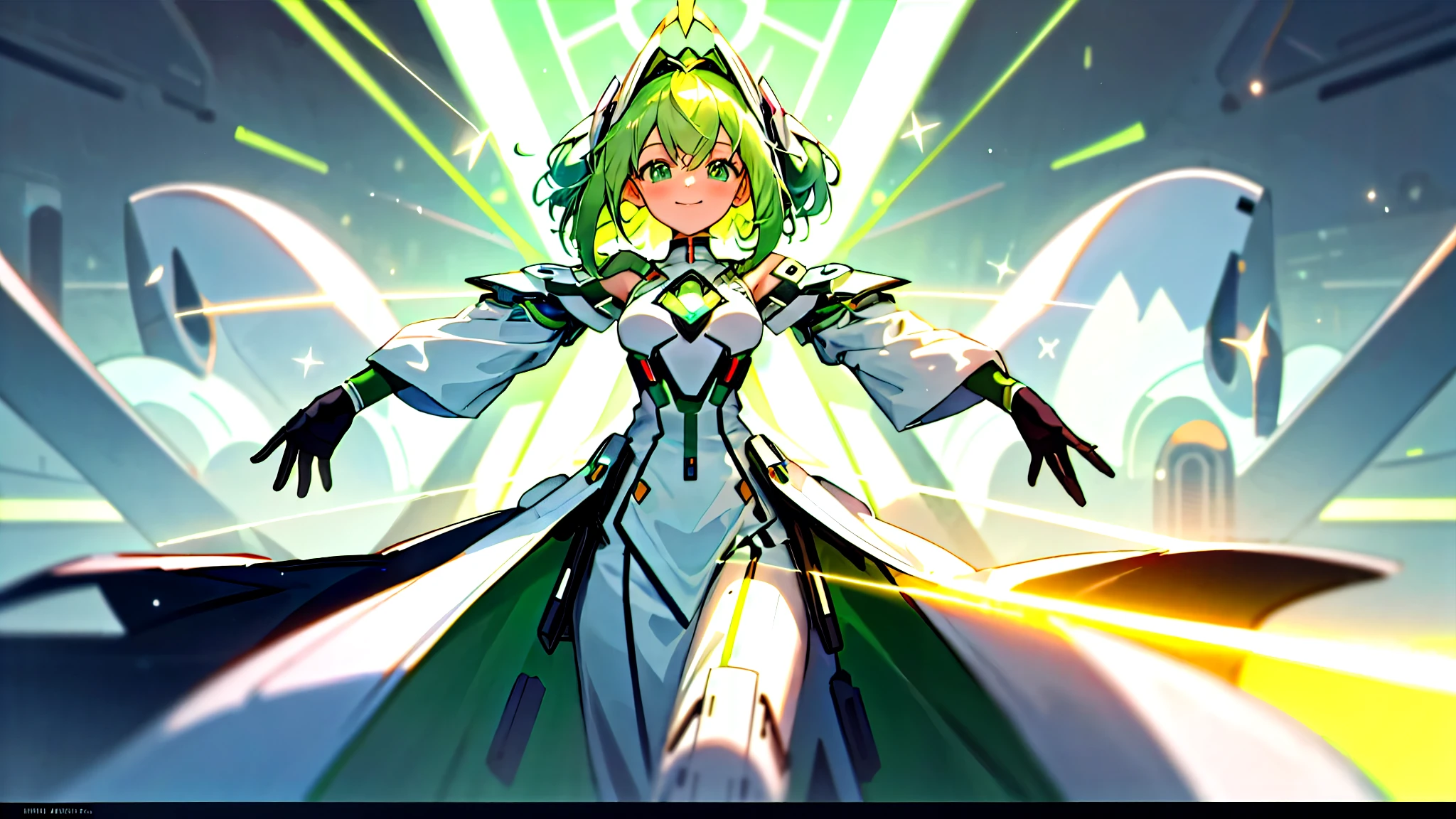 ((masterpiece,Highest quality)),A green-haired anime girl wearing a futuristic white tunic that covers her hands and is smiling with her arms outstretched,Highlights for the girl,Arcadia, a futuristic controlled society,DonMR0s30rd3r