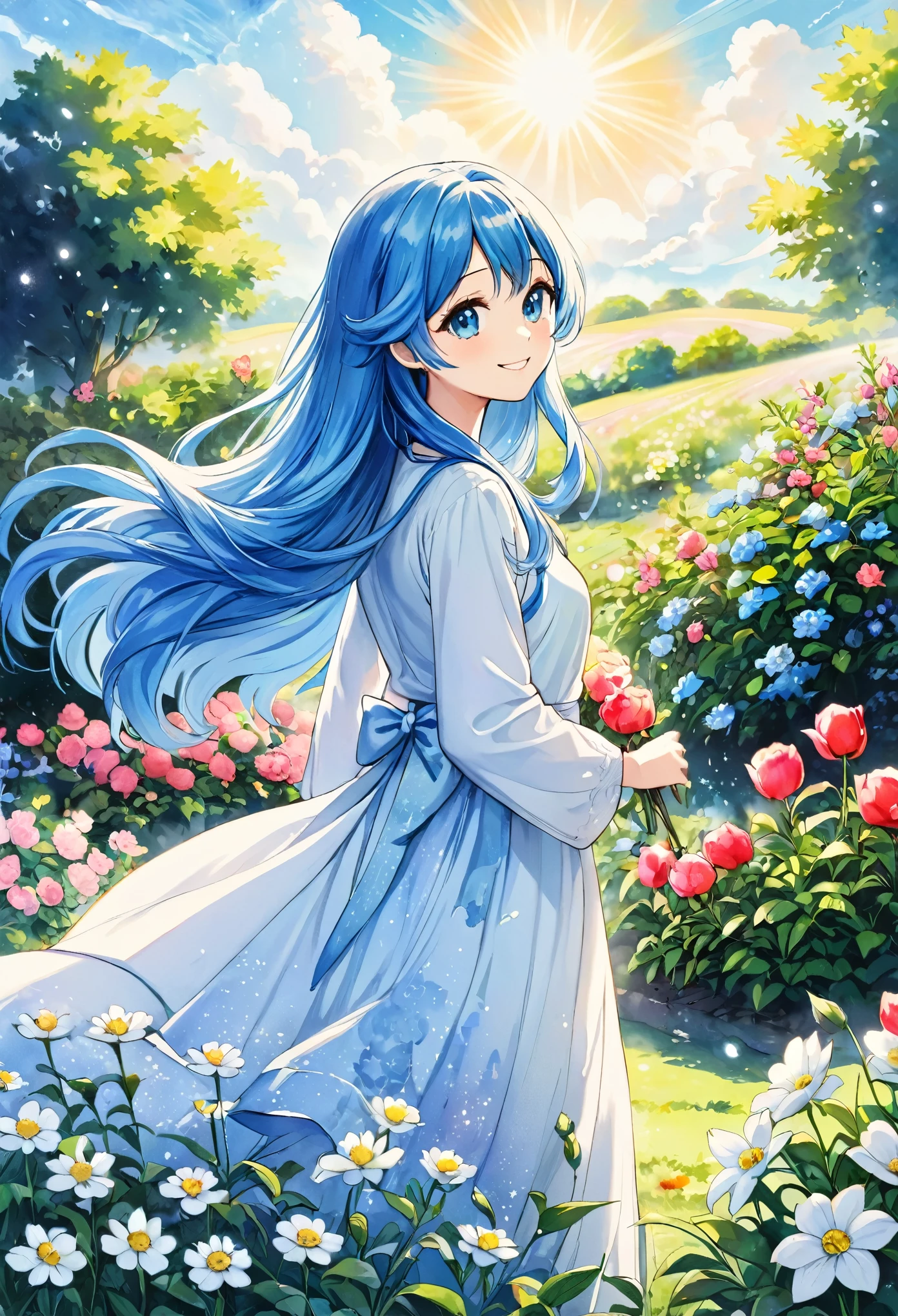 (High resolution、Very detailed、Hmph、movie)、alone、1 girl、happiness、Girl Standing In コスモスFlower Garden、Girl around the petals、Cute Smile、Esbian all over、Girl with long blue hair、Light blueの髪、Look forward、Fantasy、Official Art、Pop Art、profile、Very detailedな顔、Very detailedな目、Flower Garden、Ultra Detailed Fields、White blue sky、 Light blue、Blanche、Nebula in the sky、Watercolor、pastel colour
