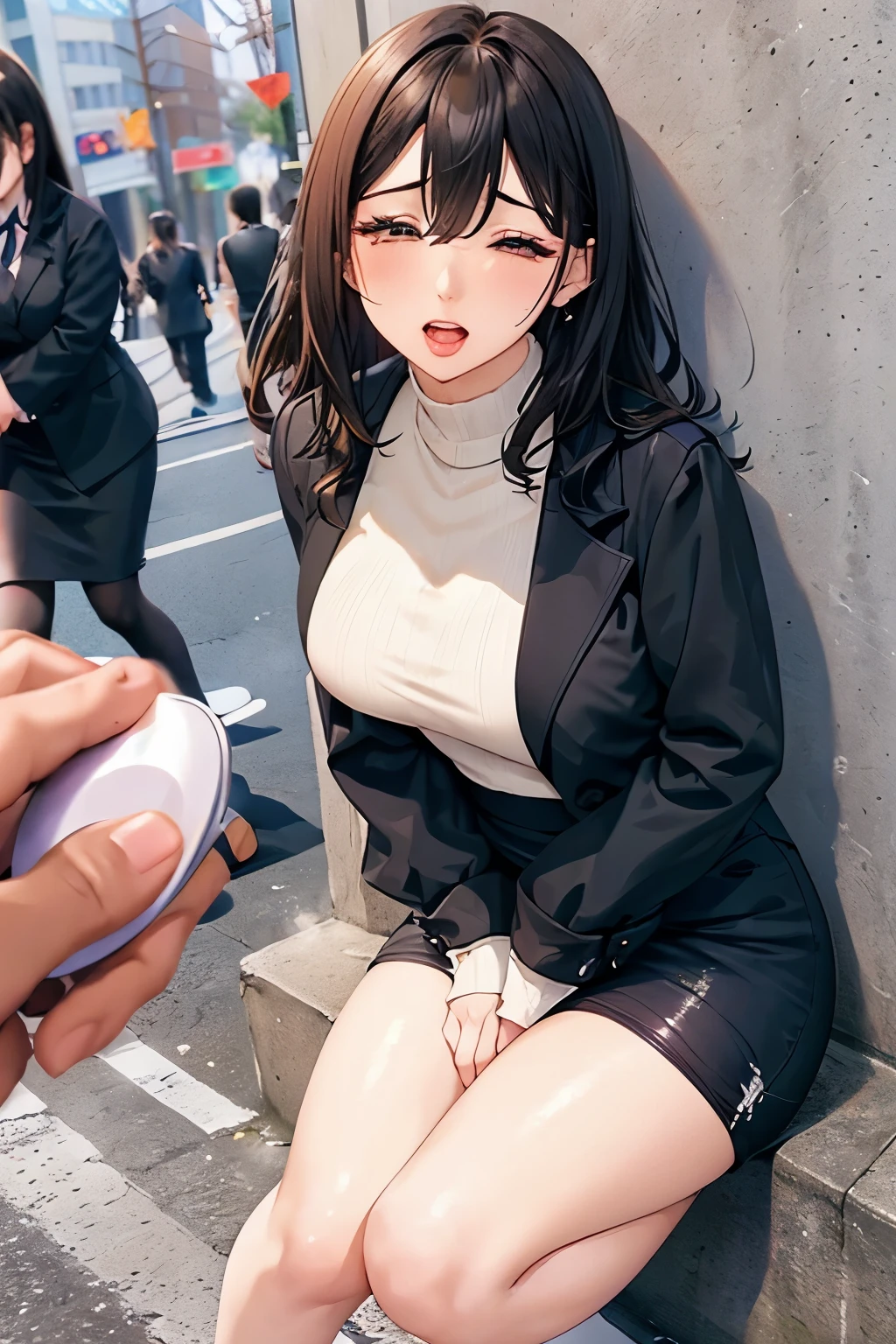 /quality
(masterpiece,best quality,high resolution,High Quality,Realistic)

/hair style
(Curly Hair)

/Clothes
(pencil skirt,job interview suit,Black jacket,torn pantyhose:1.5,earring)

/Pose
Bend over,sit
lean against a wall,
legs spread:1.5

(Ahegao,orgasm,steam:1.5,swet:1.5),

/Other
crowd:1.5,fair skin,foot focus,lean against a wall,men,s hand:1.5,night, Roadside,ID card,