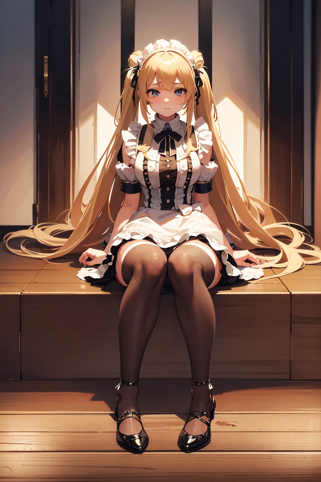 a beautiful maid with long blonde twin tails, sitting with her legs spread, looking bashful, both hands tied up with ropes raised above, lying submissively on the floor like a surrendered dog, highly detailed, masterpiece, best quality, 4k, 8k, hyperrealistic, photorealistic, extremely detailed, vivid colors, studio lighting