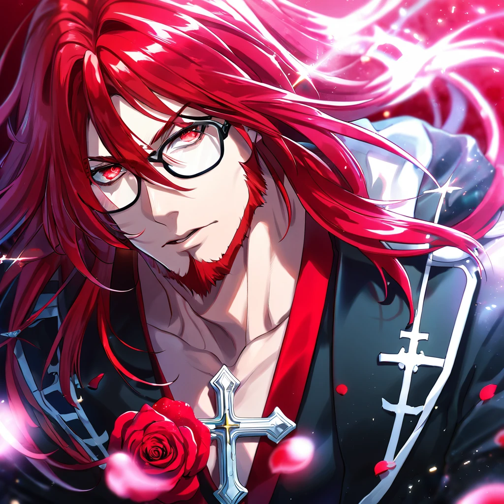 absurdres, highres, ultra detailed, HDR, master piece, best quality, Marian Cross, red long hair, hair between the eyes, with bangs, expressive red eyes, D.Gray-man, glasses, beard colored red, solo, sexy man, handsome, black clothes, magical, fantasy, red background, red roses, shining, red petals, red glittering fireflies