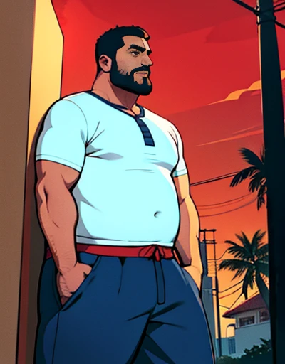 1 chubby man with extremely thick thighs , Careca, obeso, homem de meia idade, camisa branca aberta mostrando a barriga e peitoral usando apenas sunga vermelha e meias, parado na rua, looking at the sky, noite, luz do sol brilhante, Paradisiacal beach setting