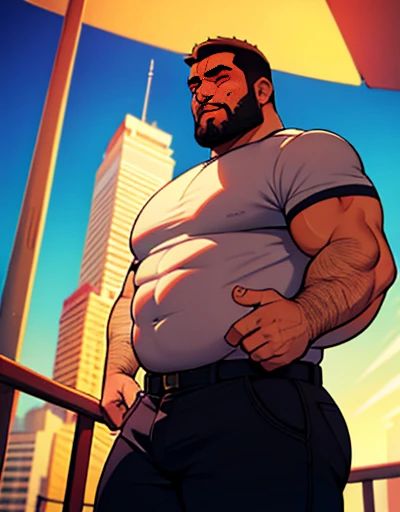 1 chubby man with extremely thick thighs , Careca, obeso, homem de meia idade, camisa branca aberta mostrando a barriga e peitoral usando apenas sunga vermelha e meias, parado na rua, looking at the sky, noite, luz do sol brilhante, Paradisiacal beach setting