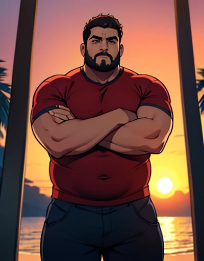 1 chubby man with extremely thick thighs , Careca, obeso, homem de meia idade, camisa branca aberta mostrando a barriga e peitoral usando apenas sunga vermelha e meias, parado na rua, looking at the sky, noite, luz do sol brilhante, Paradisiacal beach setting