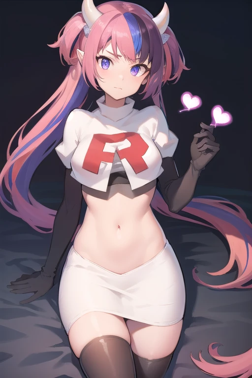 ironmouse, ironmouse, ahoge, medium hair, multicolored hair, pink hair, (purple eyes:1.1), purple hair, sidelocks, streaked hair, swept bangs, two side up, two-tone hair, hair ornament, heart, heart ahoge, heart hair ornament,
BREAK team rocket,team rocket uniform,white skirt,red letter R,crop top,black thigh-highs,black elbow gloves, demon girl, demon horns, demon tail, horns, tail,
BREAK looking at viewer,
BREAK (masterpiece:1.2), best quality, high resolution, unity 8k wallpaper, (illustration:0.8), (beautiful detailed eyes:1.6), extremely detailed face, perfect lighting, extremely detailed CG, (perfect hands, perfect anatomy),