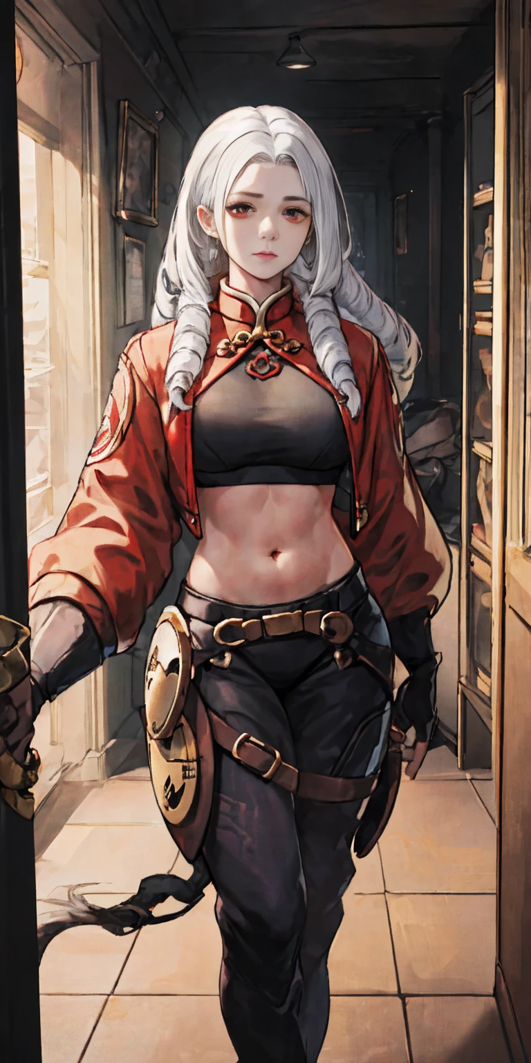1female, White hair, Red eyes, (woman，Royal Sister_Shot:1.2), breasts focus, Long hair, side locks,Dangerous expressions，Extreme panic，Chest close-up front，After being violated ，Scared,(terrified:1.1) expression, Place one hand behind your back, Atmospheric lighting, Moody, Darkness, In an abandoned old museum, Clear glass display case full of interesting items, Dusty, Post-apocalypse, spiderwebs, masterful, Beautiful 8k wallpaper,Camel hooves ，Extremely detailed, Intricate，a warm color palette，Half naked chest，huge tit（D），plethora of colors，bright sun，Wear a gorgeous coat，Wear a cheongsam inside，Broken clothes，With a queen-like temperament，succubi，Beautiful young woman，Expose the belly, standing bondage pole