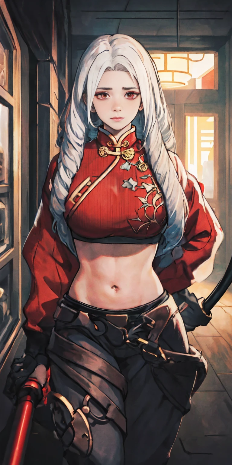 1female, White hair, Red eyes, (woman,Royal Sister_Shot:1.2), breasts focus, Long hair, side locks,Dangerous expressions,Extreme panic,Chest close-up front,After being violated ,Scared,(terrified:1.1) expression, Place one hand behind your back, Atmospheric lighting, Moody, Darkness, In an abandoned old museum, Clear glass display case full of interesting items, Dusty, Post-apocalypse, spiderwebs, masterful, Beautiful 8k wallpaper,Camel hooves ,Extremely detailed, Intricate,a warm color palette,Half ????? chest,huge tit(D),plethora of colors,bright sun,Wear a gorgeous coat,Wear a cheongsam inside,Broken clothes,With a queen-like temperament,succubi,Beautiful young woman,Expose the belly, standing bondage pole