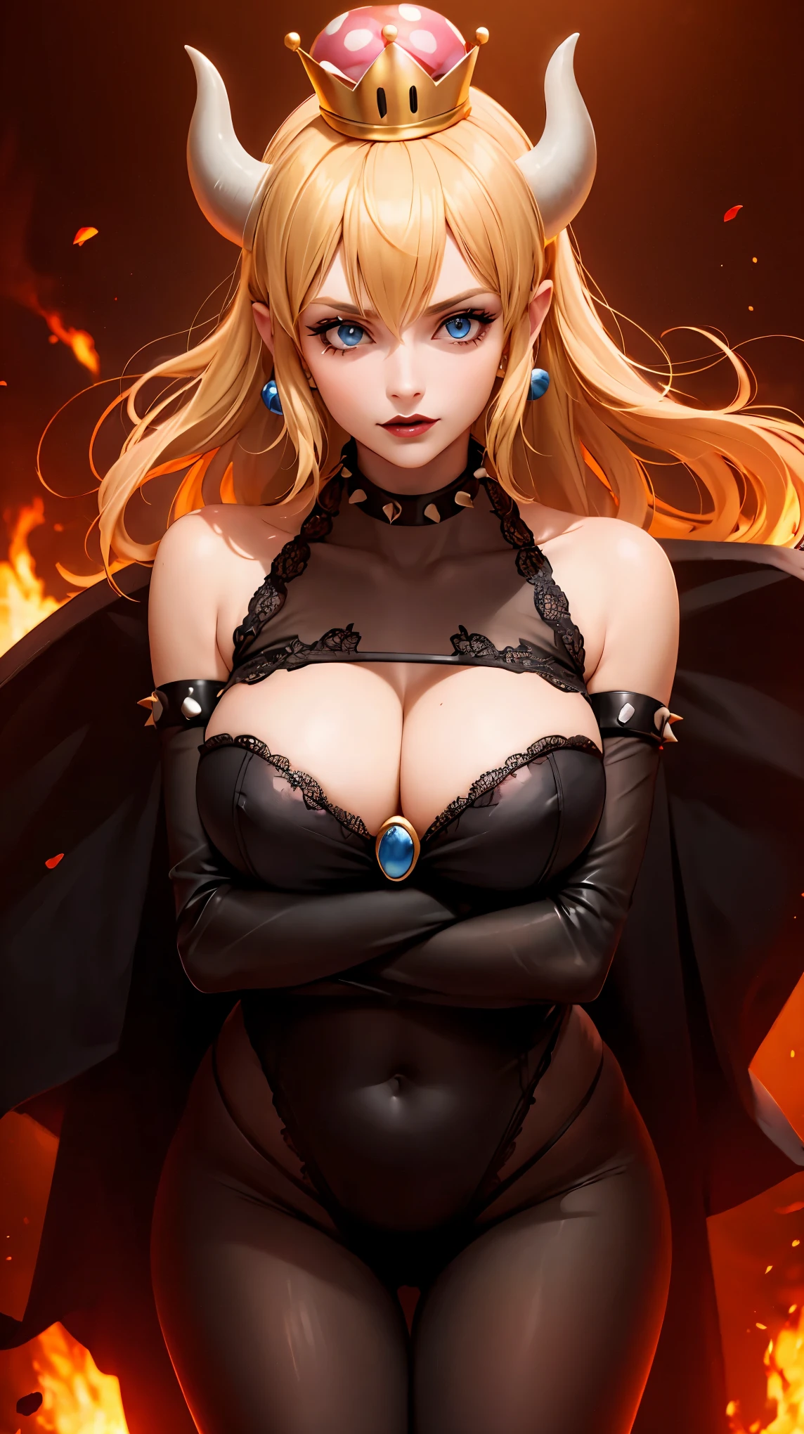 ((high detailed, best quality, 4k, masterpiece, hd:1.3)), ((best quality)), (((HD))), (((8k))), (ultraDH), (ultra HD), Princess Daisy, blue eyes, BREAK blue eyes, seductive, attractive, smooth anime cg art, 36C breasts, long legs, vivid colors, detailed digital art, slim body, perfect skin, dark blonde hair, long hair, blonde hair, blonde hair, BREAK crown, cleavage, 36C cleavage, looking at viewer, BREAK looking at viewer, extremely detailed face, red santa suit, red santa claus suit, santa claus suit, earrings, gem, dark black makeup lips, dark gothic eyeshadows, dark eyeshadows, black eyeshadows, black sexy lips, black lips, (dark:1.2), dark lips, very dark lips, (perfect hands, perfect anatomy), black makeup, black medium lips, black thick lips, detailed fingers, five fingers per hand, 5 fingers, (1 girl), detailed lips, detailed black lips, black painted lips, gothic painted lips, BREAK night, night sky, (breast focus), (arms outstreched:1.2), (from above:1.1), (breasts out:1.3), (off shoulder:1.1), (white horns), (bra), inside a lava castle, she inside a sea of lava, she bathing in lava,