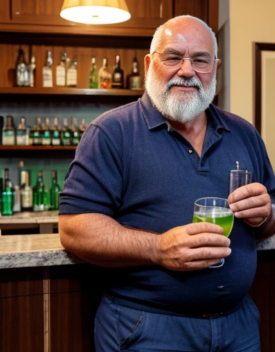 Only plump chubby extremely thick thighs large belly fat age 65 elderly bearded old man, usando apenas sunga branca,((Fios de Cabelos cor preto)) he is holding a glass of drinks, he is holding a glass of drink, he is holding a bottle of drink, he is holding a mug of choop.