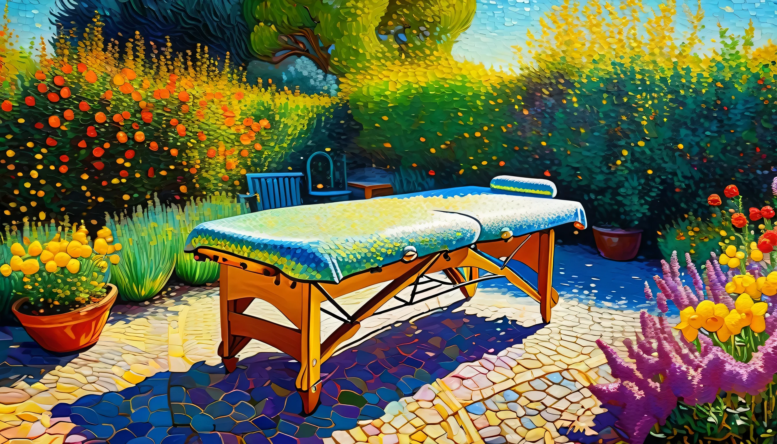 Modern impressionist representation, légèrement pointilliste et légèrement psychédélique avec des couleurs chaudes et vibrantes d'une table de massage dans un magnifique jardin avec des fleurs et le soleil en arrière-plan. Stunning art in 8k., ((Style vincent van gogh)), (correct details) aesthetic, oil painting'huile au couteau à palette, ((Best quality, chef-d'artwork)), (extreme detail), impressionnisme: 0.1, 8k