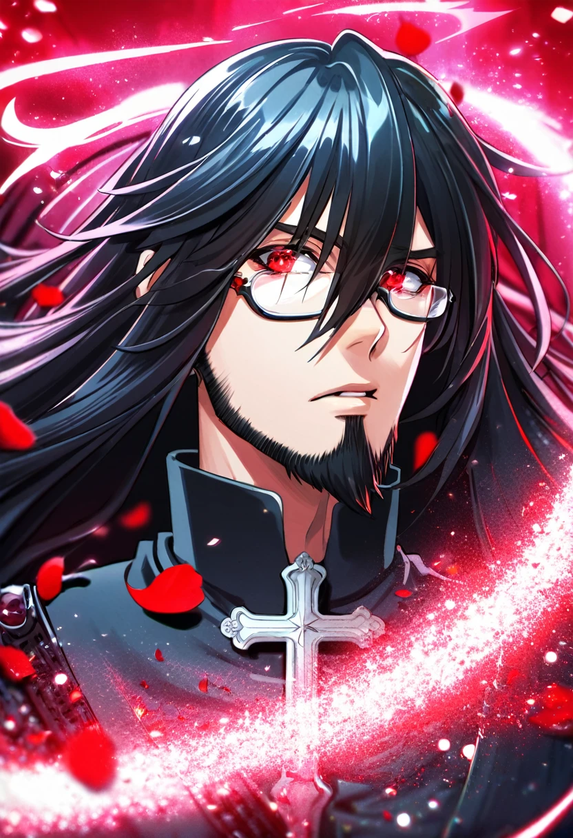 absurdres, highres, ultra detailed, HDR, master piece, best quality, Marian Cross, red long hair, hair between the eyes, with bangs, expressive red eyes, D.Gray-man, glasses, slightly beard colored red, solo, sexy man, handsome, black clothes, magical, fantasy, red background, red roses, shining, red petals, red glittering fireflies