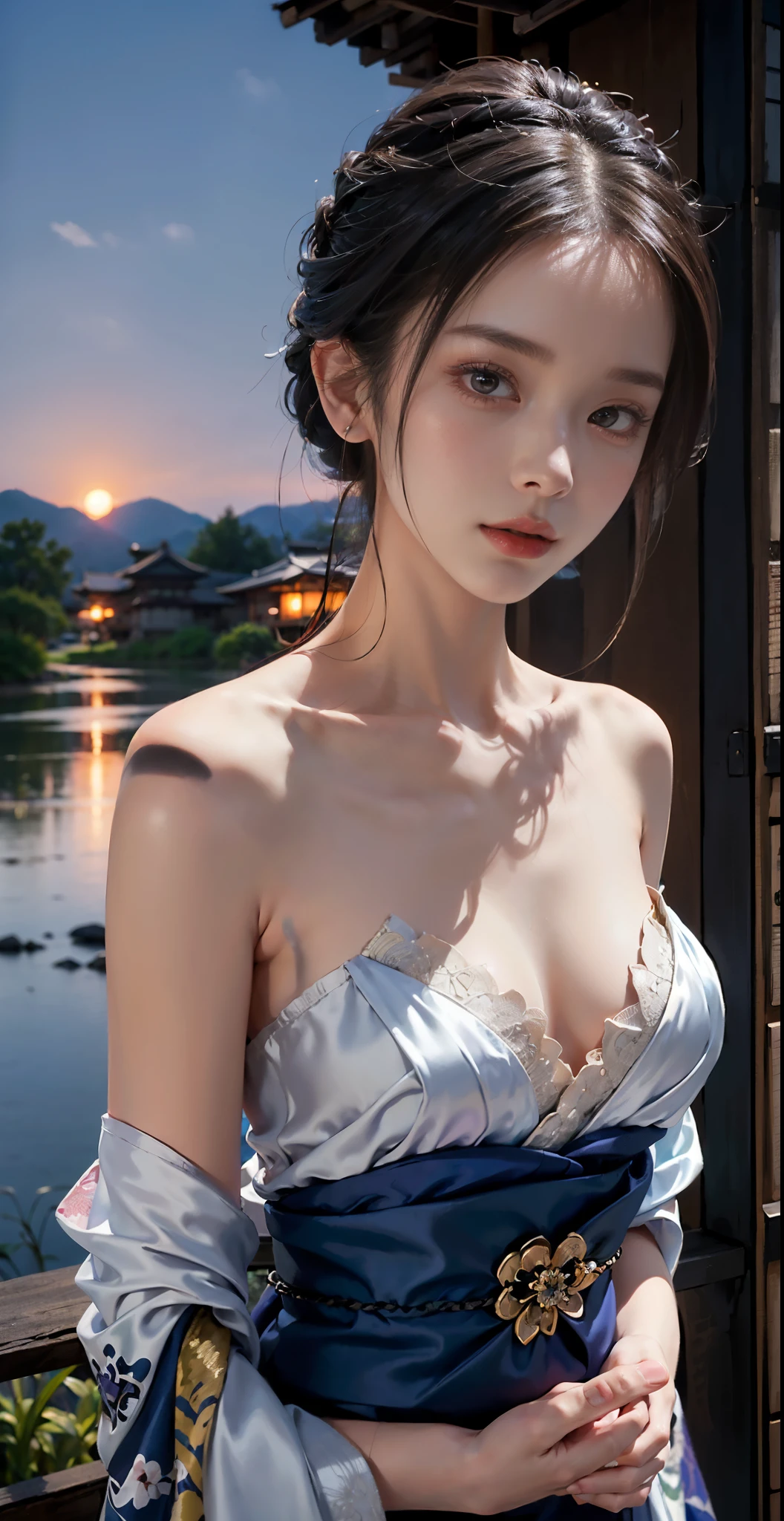 pond, feudal Japanese architecture, female, woman, sensual, erotic, looking at viewer, romantic, loving, affectionate, facing viewer, colorful, long hair, (hair up in perfect bun:1.3), (asian:1.3), twilight blue, sparkling silver, galaxy purple, black velvet, cherry blossom park, sakura trees, pink petals, outdoors, standing, (covering breasts:1.4), (hand on breast:1.3), (sunset, dusk:1.25), (silk kimono robe:1.5), (sash:1.3), (bare shoulders:1.4), (strapless:1.3), (delicate embroidery:1.1), elegant, draped, (revealing:0.8), (art by Noah Bradley:1.4), (hand on own chest:1.3), (adult:1.4), , slim waist, small breasts, fcHeatPortrait, (medium shot:1.3), lewd, risque, skimpy, scantily clad, cleavage, (grabbing own breast:1.3), (masterpiece:1.2), subsurface scattering, heavy shadow, (high quality:1.4), golden ratio, (intricate, high detail:1.2),