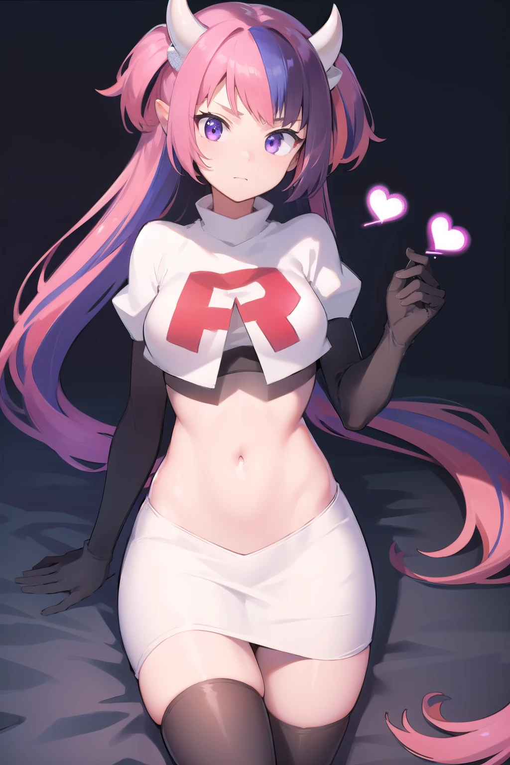 ironmouse, ironmouse, ahoge, medium hair, multicolored hair, pink hair, (purple eyes:1.1), purple hair, sidelocks, streaked hair, swept bangs, two side up, two-tone hair, hair ornament, heart, heart ahoge, heart hair ornament,
BREAK team rocket,team rocket uniform,white skirt,red letter R,crop top,black thigh-highs,black elbow gloves, demon girl, demon horns, demon tail, horns, tail,
BREAK looking at viewer,
BREAK (masterpiece:1.2), best quality, high resolution, unity 8k wallpaper, (illustration:0.8), (beautiful detailed eyes:1.6), extremely detailed face, perfect lighting, extremely detailed CG, (perfect hands, perfect anatomy),