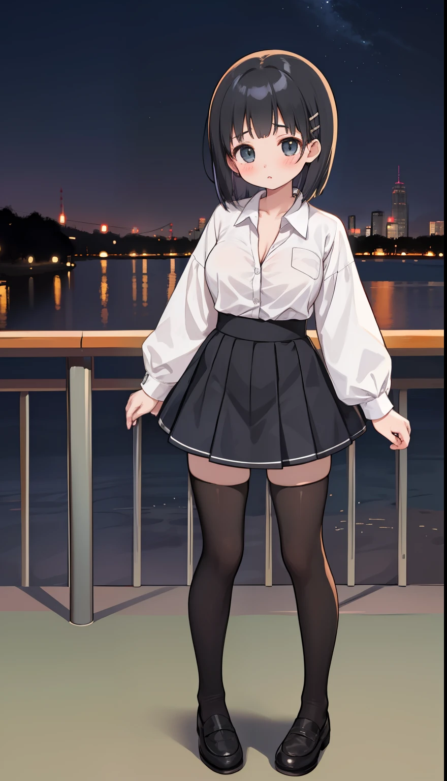 One Girl、positive、Standing posture、Full body portrait、Black Hair、Medium Haircut、blush、Absolute area、Black knee-high socks、Knee-length、stockings、Black Pantyhose、White underwear、、mini skirt、Japanese high school students、Summer clothes、Night entertainment district、night、(Very large breasts)、Cleavage、Unbutton your shirt、((Lesbians around the world))、masterpiece、(highest quality)、
Panties around the ankles、Black Loafers、Shirt buttons fly off、Unbutton your shirt、Bare your breasts、Exposing the breasts、Nipples are visible、Cleavage、Height 155 cm