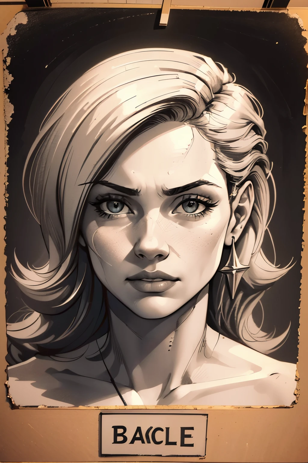 A girl in a mugshot, sketch, black and white, detailed features, vintage style, high contrast lighting, expressive eyes, tousled hair. (best quality, highres, realistic:1.37), vintage, monochrome, intense gaze, dramatic lighting, rugged background, distressed paper texture, retro vibes, id photo, front view