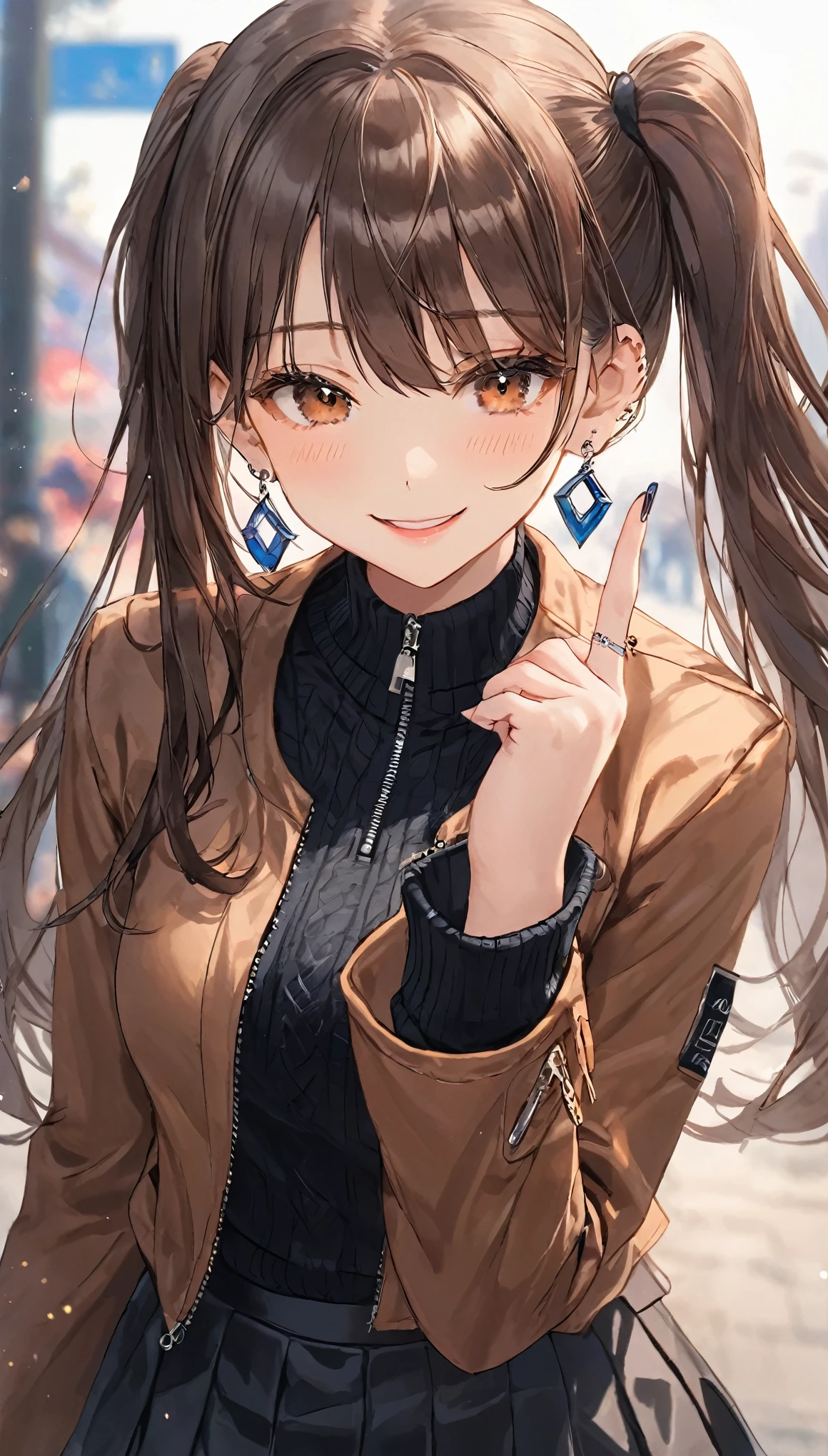 One girl, Ahoge, bangs, black skirt, black sweater, Blue Claws, Blurred, Blurred background, chest, Brown eyes, Brown Hair, brown Jacket, Mouth closed, Day付付き, Day, Depth of written boundary, Earrings, eyelash, Raise your hand, Tilt your head, Jacket, jewelry, Long Hair, Long sleeve, View Viewer, medium chest, Manicure, Open clothes, open Jacket, Outdoor, Pursed lips, Tucked in shirt, Side Lock, skirt, Sleeves are longer than the wrist, alone, sweater, Upper Body, zipper, smile, ((masterpiece)), 