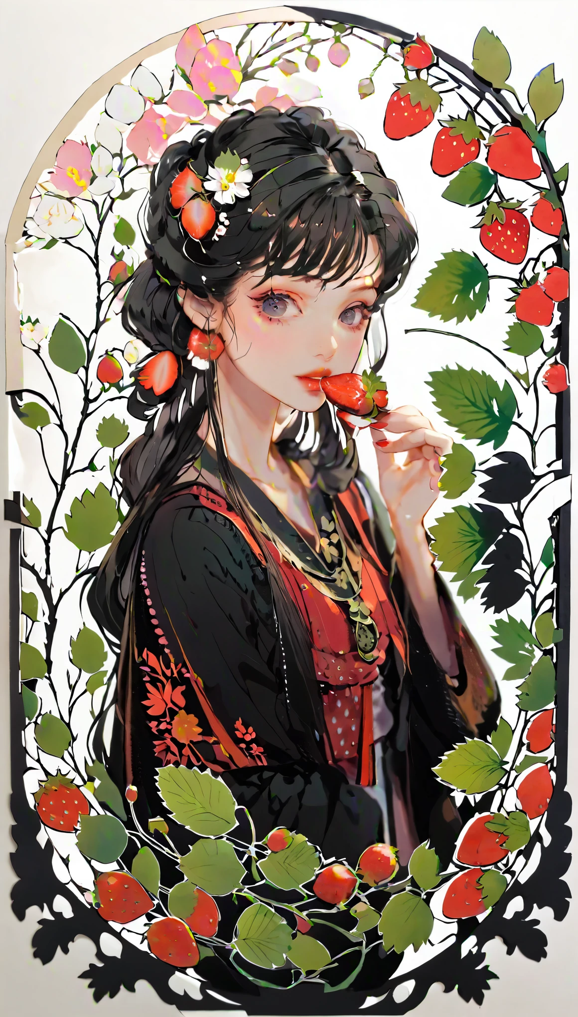 (((paper cutting style))), 1 girl, black long medium hair, strawberry