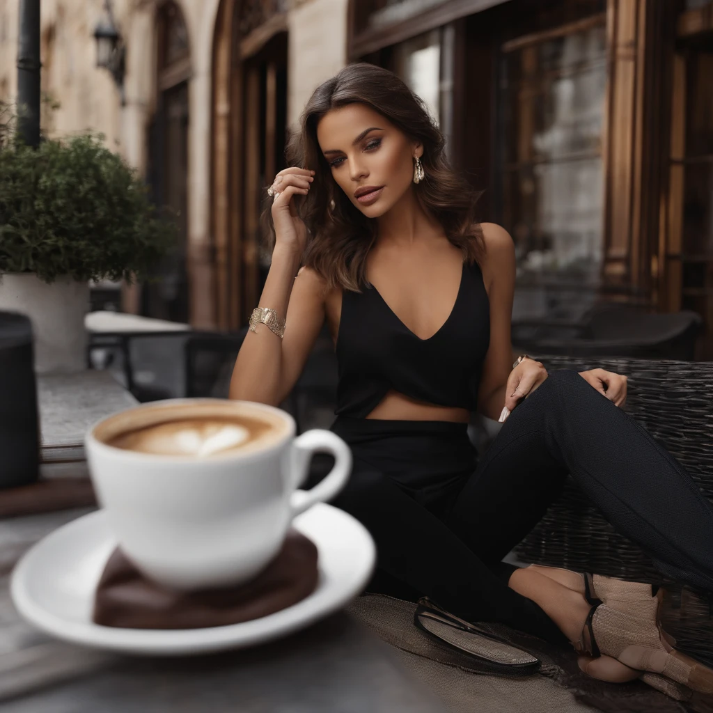 Model Jordan Berret, peau sombre, cheveux de longueur moyenne, dark brown eyes, T-shirt noir, Pantalon marron formel, chaussures noires formelles, Profitez d'a cup of coffee, to l'exterior of the café, POV 1 de midi:5