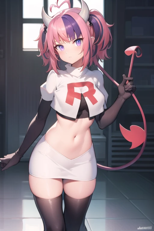 ironmouse, ironmouse, ahoge, medium hair, multicolored hair, pink hair, (purple eyes:1.1), purple hair, sidelocks, streaked hair, swept bangs, two side up, two-tone hair, hair ornament, heart, heart ahoge, heart hair ornament,
BREAK team rocket,team rocket uniform,white skirt,red letter R,crop top,black thigh-highs,black elbow gloves, demon girl, demon horns, demon tail, horns, tail,
BREAK looking at viewer,
BREAK (masterpiece:1.2), best quality, high resolution, unity 8k wallpaper, (illustration:0.8), (beautiful detailed eyes:1.6), extremely detailed face, perfect lighting, extremely detailed CG, (perfect hands, perfect anatomy),