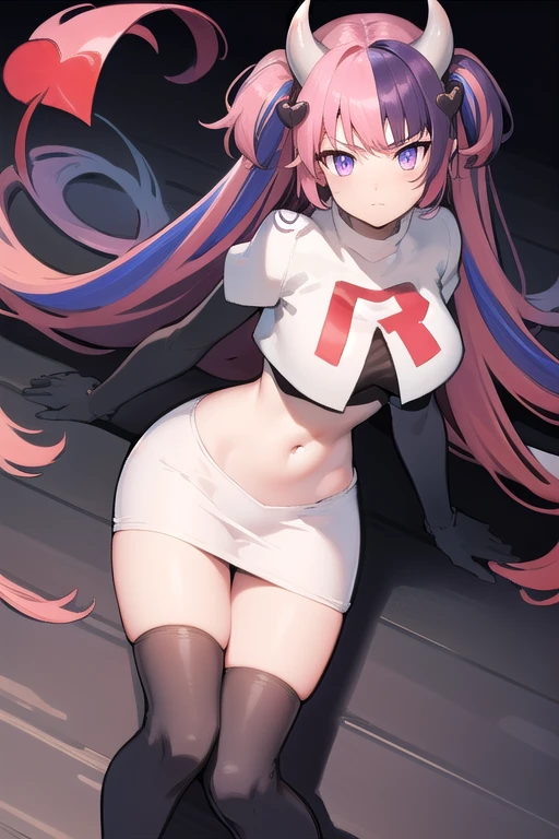 ironmouse, ironmouse, ahoge, medium hair, multicolored hair, pink hair, (purple eyes:1.1), purple hair, sidelocks, streaked hair, swept bangs, two side up, two-tone hair, hair ornament, heart, heart ahoge, heart hair ornament,
BREAK team rocket,team rocket uniform,white skirt,red letter R,crop top,black thigh-highs,black elbow gloves, demon girl, demon horns, demon tail, horns, tail,
BREAK looking at viewer,
BREAK (masterpiece:1.2), best quality, high resolution, unity 8k wallpaper, (illustration:0.8), (beautiful detailed eyes:1.6), extremely detailed face, perfect lighting, extremely detailed CG, (perfect hands, perfect anatomy),