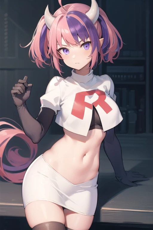 ironmouse, ironmouse, ahoge, medium hair, multicolored hair, pink hair, (purple eyes:1.1), purple hair, sidelocks, streaked hair, swept bangs, two side up, two-tone hair, hair ornament, heart, heart ahoge, heart hair ornament,
BREAK team rocket,team rocket uniform,white skirt,red letter R,crop top,black thigh-highs,black elbow gloves, demon girl, demon horns, demon tail, horns, tail,
BREAK looking at viewer,
BREAK (masterpiece:1.2), best quality, high resolution, unity 8k wallpaper, (illustration:0.8), (beautiful detailed eyes:1.6), extremely detailed face, perfect lighting, extremely detailed CG, (perfect hands, perfect anatomy),