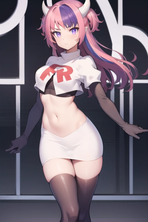 ironmouse, ironmouse, ahoge, medium hair, multicolored hair, pink hair, (purple eyes:1.1), purple hair, sidelocks, streaked hair, swept bangs, two side up, two-tone hair, hair ornament, heart, heart ahoge, heart hair ornament,
BREAK team rocket,team rocket uniform,white skirt,red letter R,crop top,black thigh-highs,black elbow gloves, demon girl, demon horns, demon tail, horns, tail,
BREAK looking at viewer,
BREAK (masterpiece:1.2), best quality, high resolution, unity 8k wallpaper, (illustration:0.8), (beautiful detailed eyes:1.6), extremely detailed face, perfect lighting, extremely detailed CG, (perfect hands, perfect anatomy),