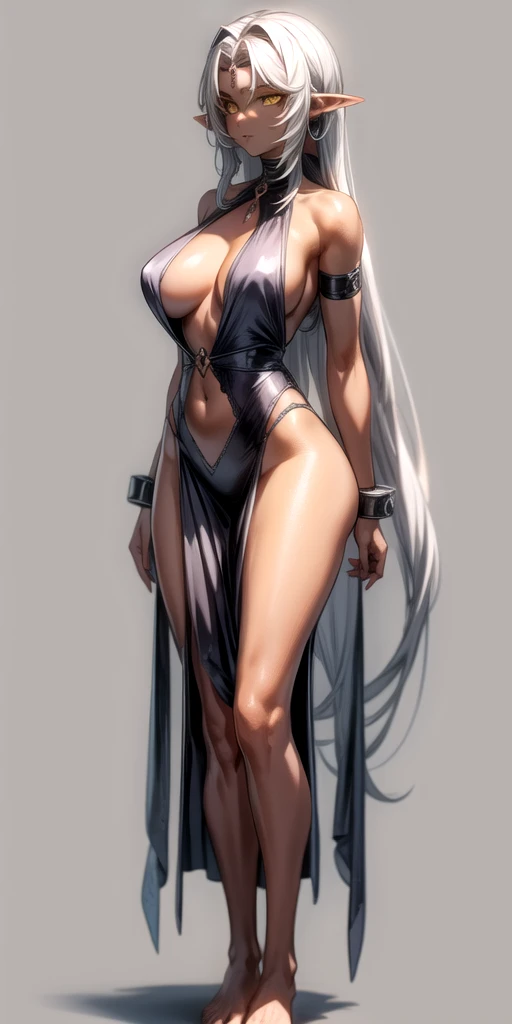 (Masterpiece, plain background:1.2) Female full body, standing straight symmetrical feet together, blood dark elf, dark skin, long messy white hair, 2longs elf ears, circlet, yellow eyes, 1990s (style), female 1sologirl