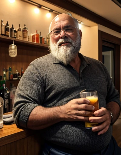 Only plump chubby extremely thick thighs large belly fat age 45 elderly bearded old man, usando apenas sunga branca,((Fios de Cabelos cor preto)) he is holding a glass of drinks, he is holding a glass of drink, he is holding a bottle of drink, he is holding a mug of choop.