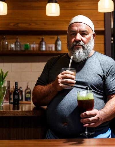 Only plump chubby extremely thick thighs large belly fat age 45 elderly bearded old man, usando apenas sunga branca,((Fios de Cabelos cor preto)) he is holding a glass of drinks, he is holding a glass of drink, he is holding a bottle of drink, he is holding a mug of choop.