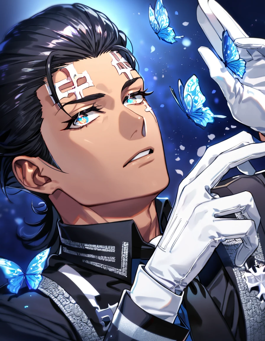 Ultra detailed, Highres, absurdres, HDR, Tyki Mikk, wavy dark slicked back hair, without bangs, expressive golden eyes, black clothes, black shirt, mole under his left eye, tanned skin, Noah mark on his forehead, D.Gray-Man, black necktie, blue flowers, petals, handsome, sexy man, solo, very detailed eyes and face, glittering small blue butterflies, master piece, black hat, glittering, fantasy, cross, blue background, blue flames, white gloves,