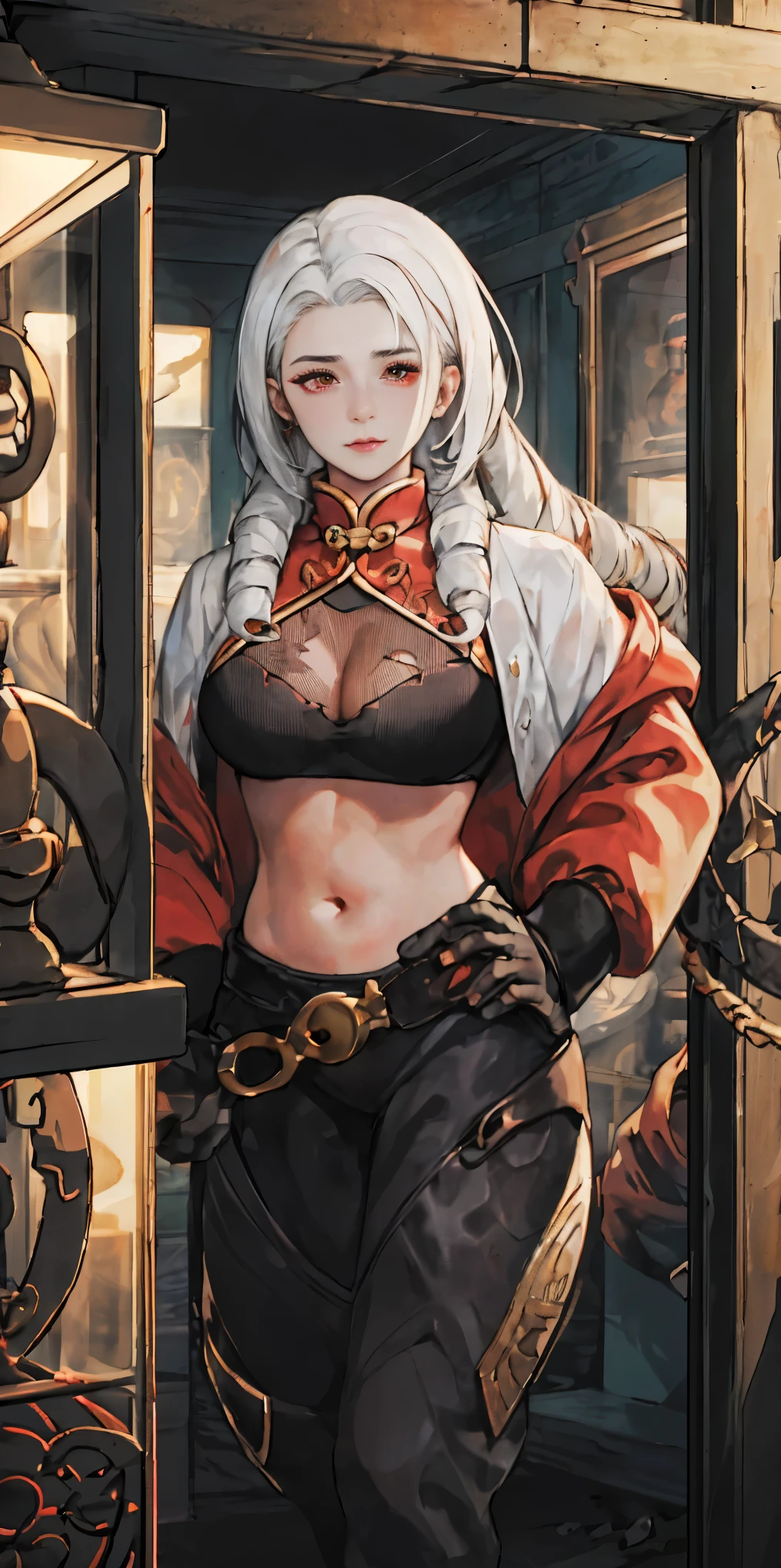 1female, White hair, Red eyes, (woman,Royal Sister_Shot:1.2), breasts focus, Long hair, side locks,Dangerous expressions,Extreme panic,Chest close-up front,After being violated ,Scared,(terrified:1.1) expression, Place one hand behind your back, Atmospheric lighting, Moody, Darkness, In an abandoned old museum, Clear glass display case full of interesting items, Dusty, Post-apocalypse, spiderwebs, masterful, Beautiful 8k wallpaper,Camel hooves ,Extremely detailed, Intricate,a warm color palette,Half naked chest,huge tit(D),plethora of colors,bright sun,Wear a gorgeous coat,Wear a cheongsam inside,Broken clothes,With a queen-like temperament,succubi,Beautiful young woman,Expose the belly, standing bondage pole